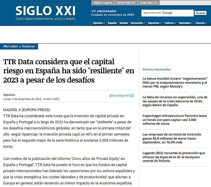 TTR Data considera que el capital riesgo en Espaa ha sido 